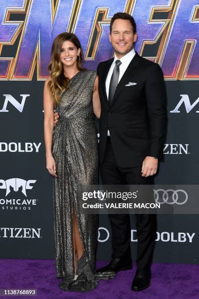 Actor Chris Pratt and US author Katherine Schwarzenegger arrive for the World premiere of Marvel Studios' "Avengers: Endgame" at the Los Angeles...