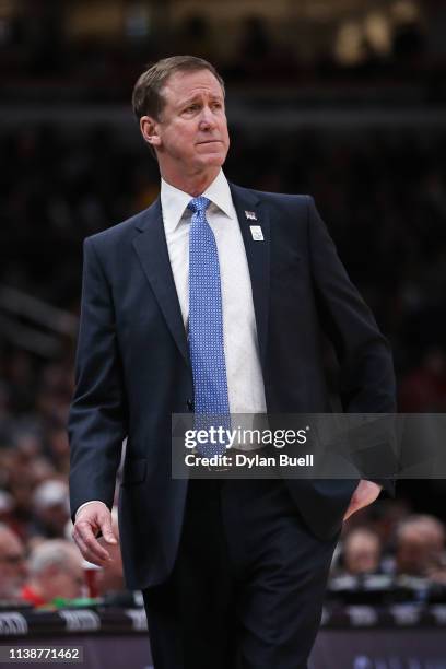 Head coach Terry Stotts of the Portland Trail Blazers looks on in the first quarter against the Chicago Bulls at the United Center on March 27, 2019...