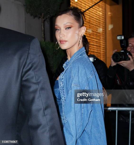 Bella Hadid arrives at Gigi Hadid's birthday party at Chalet on April 22, 2019 in New York City.