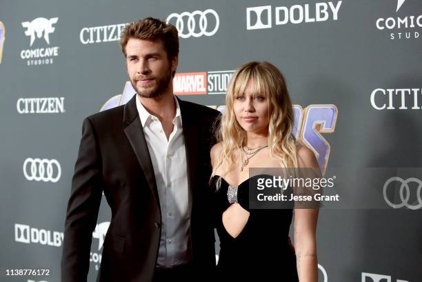 Liam Hemsworth and Miley Cyrus attend the Los Angeles World Premiere of Marvel Studios' "Avengers: Endgame" at the Los Angeles Convention Center on...