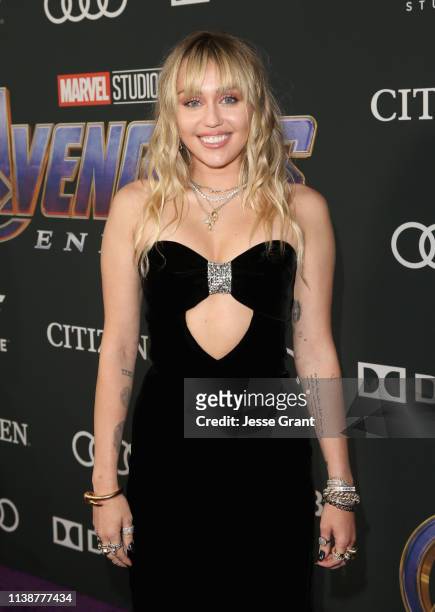 Miley Cyrus attends the Los Angeles World Premiere of Marvel Studios' "Avengers: Endgame" at the Los Angeles Convention Center on April 23, 2019 in...
