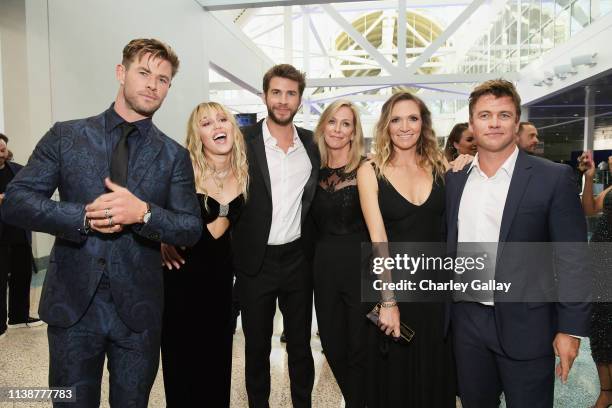 Chris Hemsworth, Miley Cyrus, Liam Hemsworth, Leonie Hemsworth, Samantha Hemsworth and Luke Hemsworth attend the Los Angeles World Premiere of Marvel...