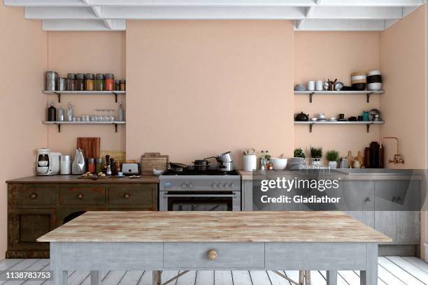 empty classic kitchen - front view imagens e fotografias de stock