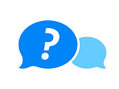 Question mark in blue dialog bubble, FAQ button vector icon