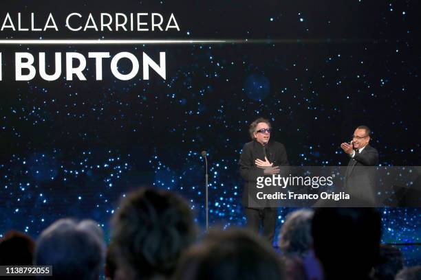 Tim Burton receives the Lifetime Achievement Award during the 64. David Di Donatello Award Ceremony on March 27, 2019 in Rome, Italy.