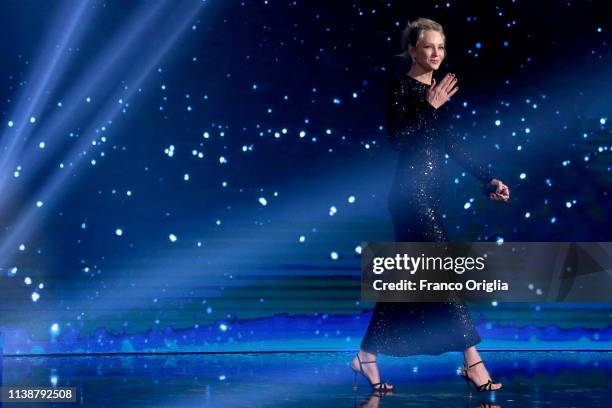 Uma Thurman on the stage during the 64. David Di Donatello Award Ceremony on March 27, 2019 in Rome, Italy.