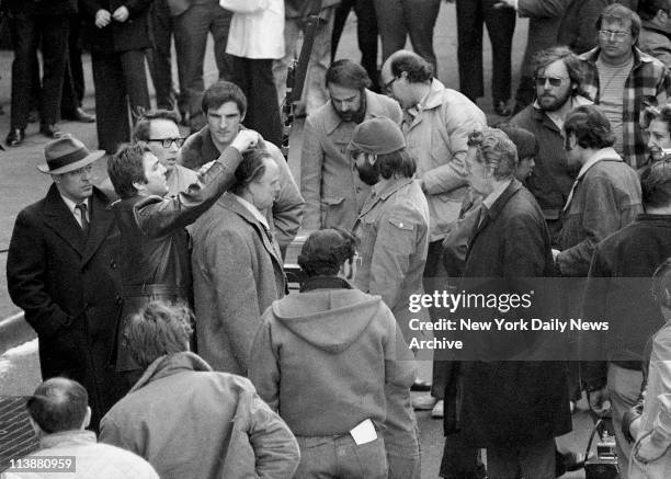 Making of movie The Godfather on Mott Street in Manhattan. Marlon Brando has his hair fixed up for shooting. Brando plays Don Corleone in the movie...