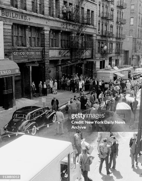 Making of movie The Godfather on Mott Street in Manhattan. Actor Marlon Brando plays Don Corleone in the movie and is gunned down outside Genco Olive...