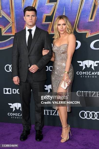 Actress Scarlett Johansson and US actor Colin Jost arrive for the World premiere of Marvel Studios' "Avengers: Endgame" at the Los Angeles Convention...