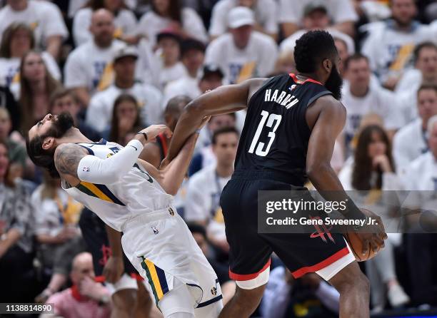 Ricky Rubio of the Utah Jazz is fouled by James Harden of the Houston Rockets in the first half of Game Four during the first round of the 2019 NBA...