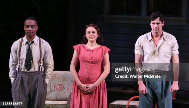 Hampton Fluker, Francesca Carpanini and Benjamin Walker during the Broadway Opening Night Curtain Call for "All My Sons" at The American Airlines...