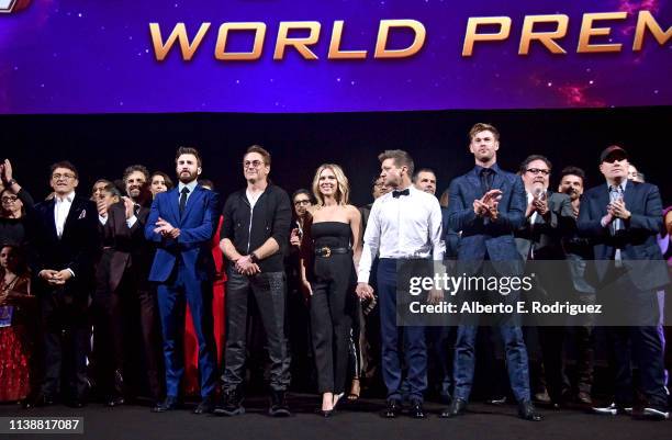 Director Anthony Russo, Mark Ruffalo, Chris Evans, Robert Downey Jr., Scarlett Johansson, Jeremy Renner, Chris Hemsworth, Executive producer Jon...