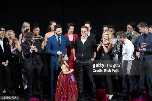 Mark Ruffalo, Chris Evans, Alexandra Rabe, Robert Downey Jr., Scarlett Johansson, Jeremy Renner, and Chris Hemsworth speak onstage during the Los...