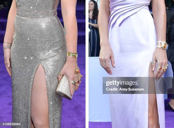 In this composite image a comparison has been made between the jewelry of 'infinite stones' worn by Scarlett Johansson and Brie Larson at the world...