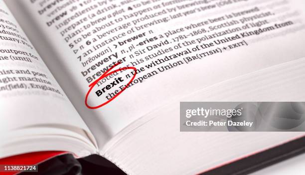brexit text circled in dictionary - parliament backs opening next round of brexit talks stockfoto's en -beelden