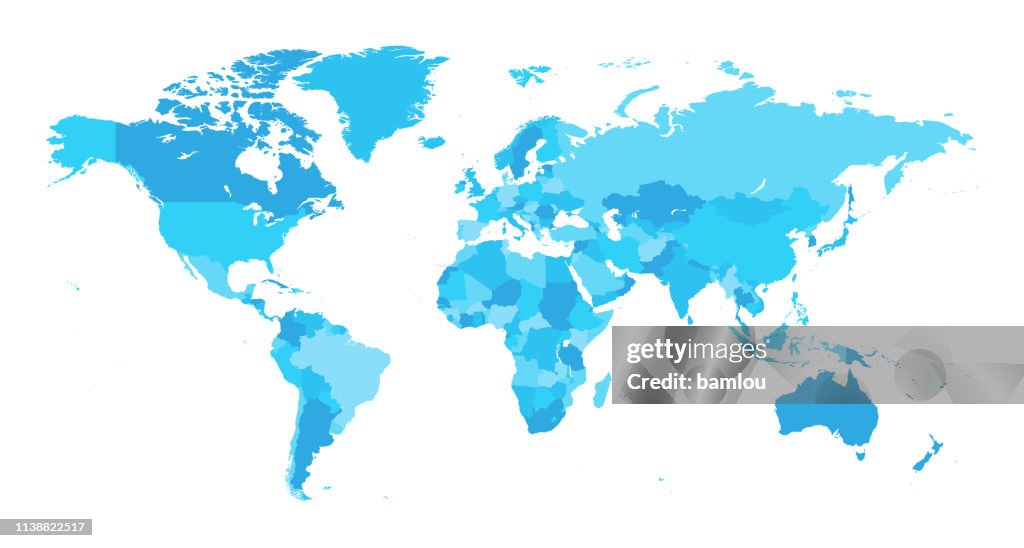 Carte monde seperate pays bleu clair