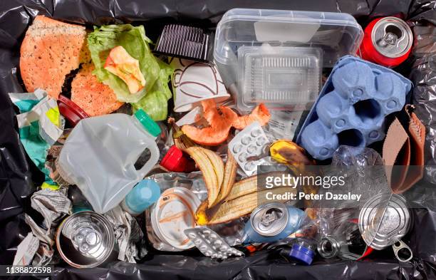 rubbish in bin unsorted - food packaging stock-fotos und bilder