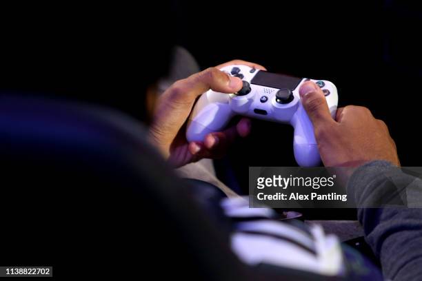 Detailed view of a PS4 controller as players practice during day one of the 2019 ePremier League Finals at Gfinity Arena on March 28, 2019 in London,...