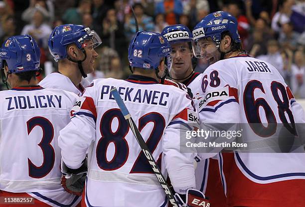 Jaromir Jagr of Czech Republic celebrate with his team mates their 4th goal during the IIHF World Championship qualification match between Germany...