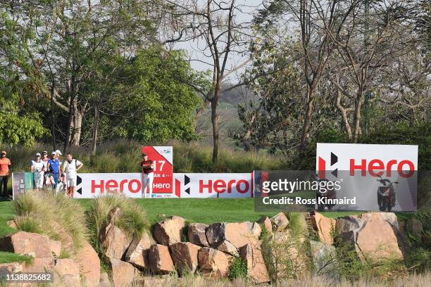 Mikko Korhonen of Finland tees off the 17th hole during round one of the Hero Indian Open at the DLF Golf & Country Club on March 28, 2019 in New...