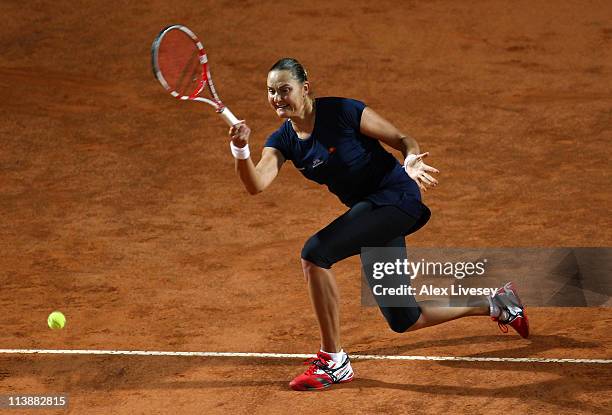 Nadia Petrova of Russia plays a forehand return during her first round match against Ana Ivanovic of Serbia during day two of the Internazionali BNL...