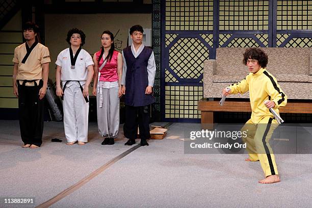 Seok-Hoon Gu, Eun-Jin Jung,Yoen-Jeong Park,Hun-Young Jo, and Jung-Hoo Shin perform in the press preview of "Jump" at New World Stages on May 9, 2011...