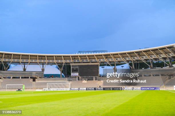 General view of empty stands of Charlety stadium during the Ligue 2 match between Paris FC and Valenciennes FC at Stade Charlety on April 22, 2019 in...