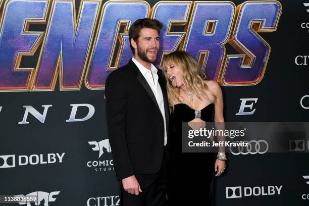 Liam Hemsworth and Miley Cyrus attends the World Premiere of Walt Disney Studios Motion Pictures "Avengers: Endgame" at Los Angeles Convention Center...