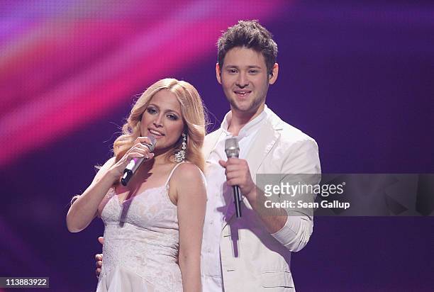 Ell and Nikki from Azerbaijan peform at a dress rehearsal the day before the first semi-finals of the Eurovision Song Contest 2011 on May 9, 2011 in...