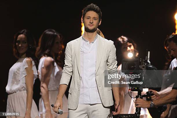 Ell from Azerbaijan peforms at a dress rehearsal the day before the first semi-finals of the Eurovision Song Contest 2011 on May 9, 2011 in...