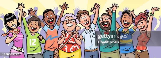 ilustraciones, imágenes clip art, dibujos animados e iconos de stock de gran grupo de personas celebrando - fan enthusiast