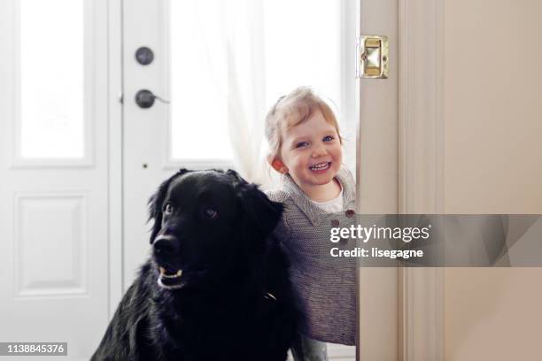 little girl with her dog - dog greeting stock pictures, royalty-free photos & images