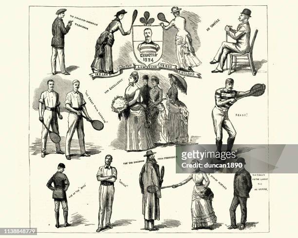 lawn tennis meeting for the championship of ireland at dublin - vintage tennis player stock illustrations