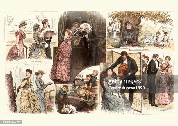 victorian cartoon, the society war game, 1884, 19th century - flirting stock illustrations