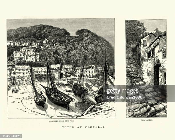 clovelly, devon, 1884, 19th century - devon stock illustrations