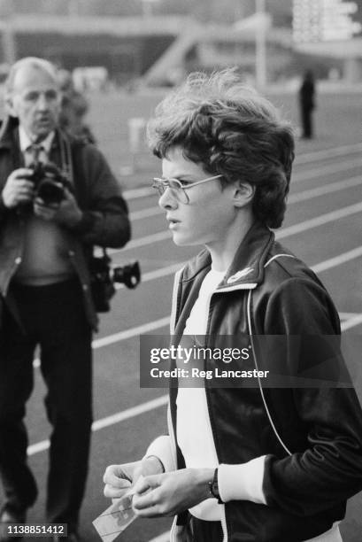 South-African runner Zola Budd running in the women's 1500m event at an athletics meeting held at Crystal Palace, London, UK, 25th April 1984.