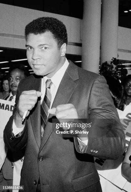 American professional boxer, activist, and philanthropist Muhammad Ali at Gatwick Airport, UK, 29th April 1984.