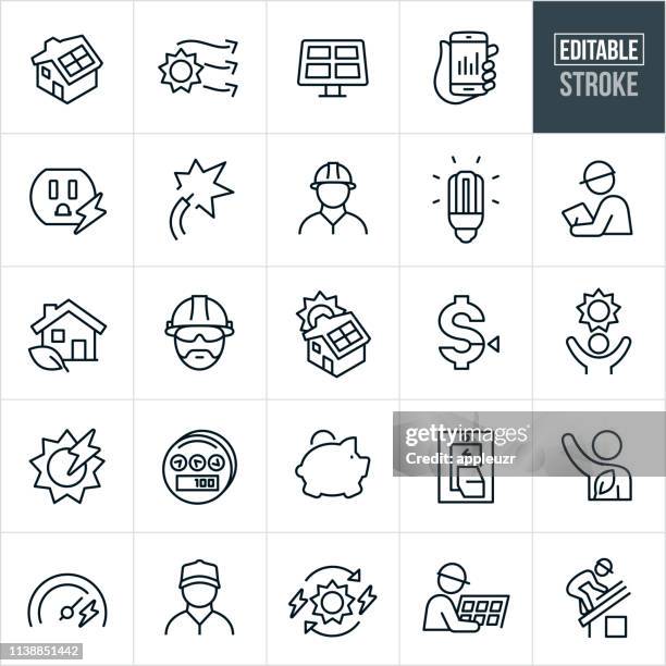 solar energy thin line icons - editable stroke - energy efficient lightbulb stock illustrations