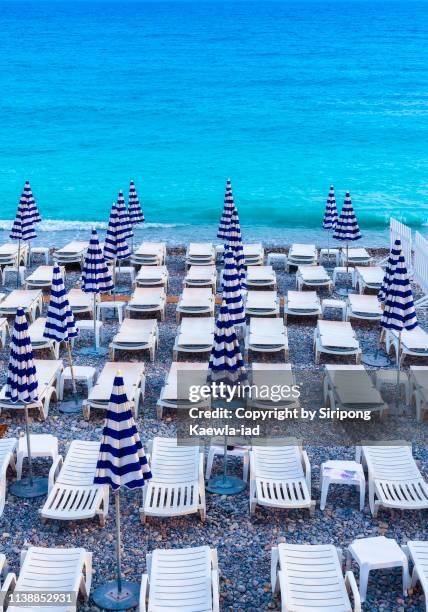 rows of beach umbrellas and chairs in nice, france. - nice promenade des anglais photos et images de collection