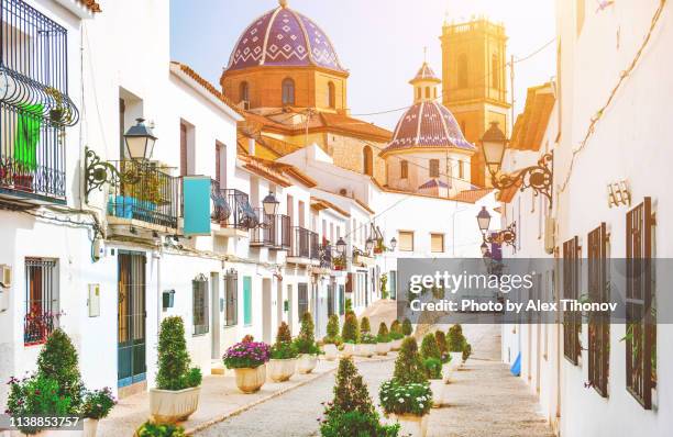 altea street and church of the virgin de consuelo. spain - alicante stockfoto's en -beelden