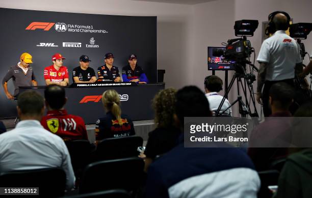 General view of the Drivers Press Conference with Lando Norris of Great Britain and McLaren F1, Charles Leclerc of Monaco and Ferrari, Valtteri...
