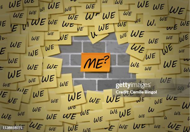 we or me? yellow sticky notes vector background - selfishness stock illustrations