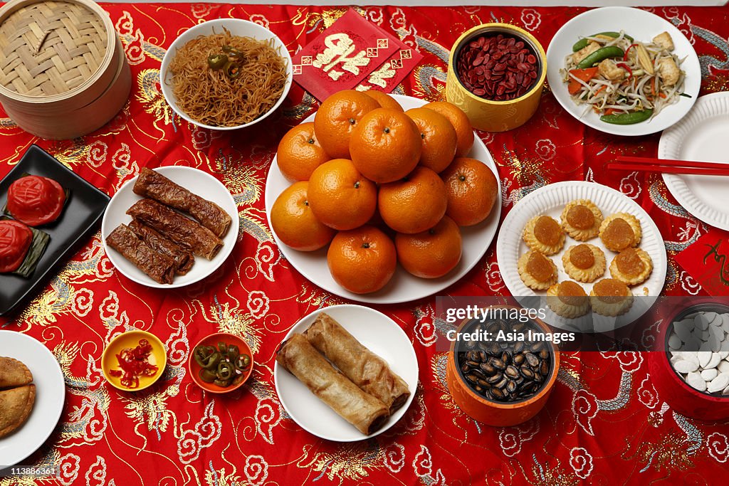 Table set with Chinese New Year food.