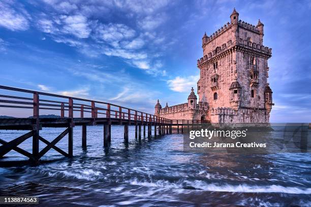 belem tower at sunrise, lisboa, portugal - belém lisbon stock pictures, royalty-free photos & images