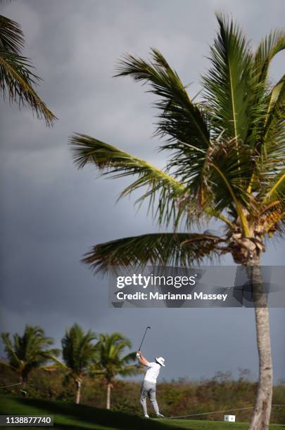 Justin Bertsch plays his shot from the second tee during the first round of the Corales Puntacana Resort & Club Championship on March 28, 2019 in...