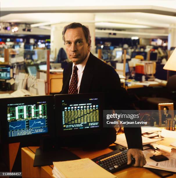 Businessman Michael Bloomberg with a pair of Bloomberg Terminals on October 31, 1997 in New York City, New York.