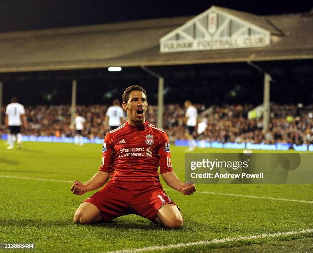 Maxi Rodriguez of Liverpool celebrates after scoring his hat-rick during the Barclays Premier League match between Fulham and Liverpool at Craven...