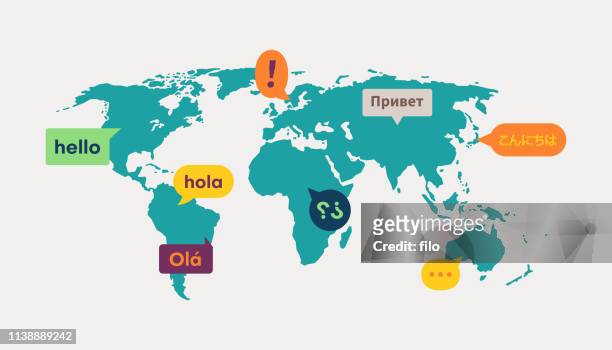 illustrazioni stock, clip art, cartoni animati e icone di tendenza di comunicazione di traduzione linguistica della mappa del mondo - comunicazione globale