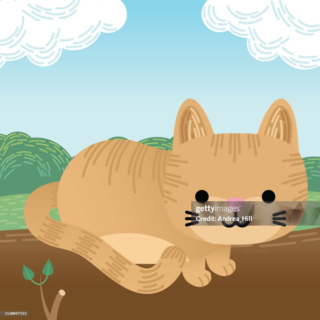 O gato bonito do gengibre dos desenhos animados senta-se em um registro