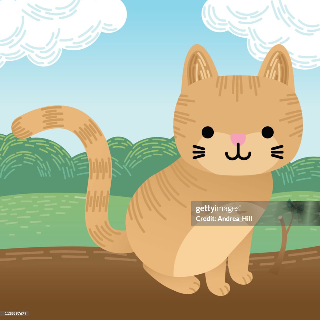 O gato bonito do gengibre dos desenhos animados senta-se em um registro